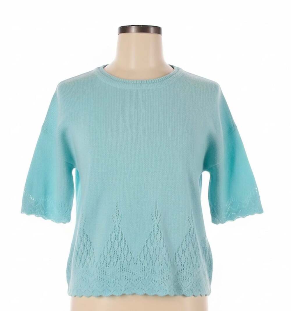 VINTAGE Sweater Village Fair Short Sleeve Aqua Blue Knit Top